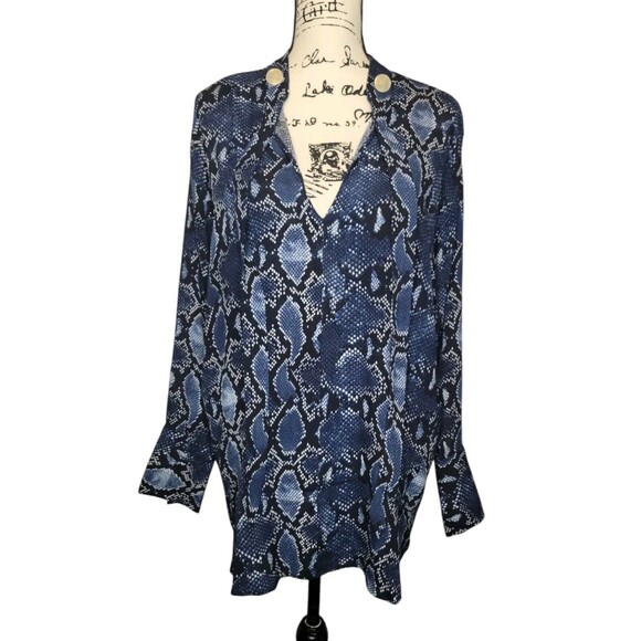 ZARA Chiffon Tunic Blouse Womens MED Blue Snake Print Scarf Tie Viscose Top Edgy - Picture 2 of 7